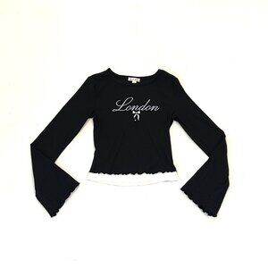 derek heart "london" long sleeve top in black w/ ruffles